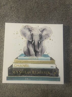 Elephant on Fashion Books Canvas Art - Blue, Gold, White